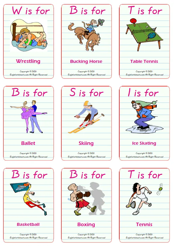 Sports vocabulary worksheet with words, nine images per page Worksheet Preview