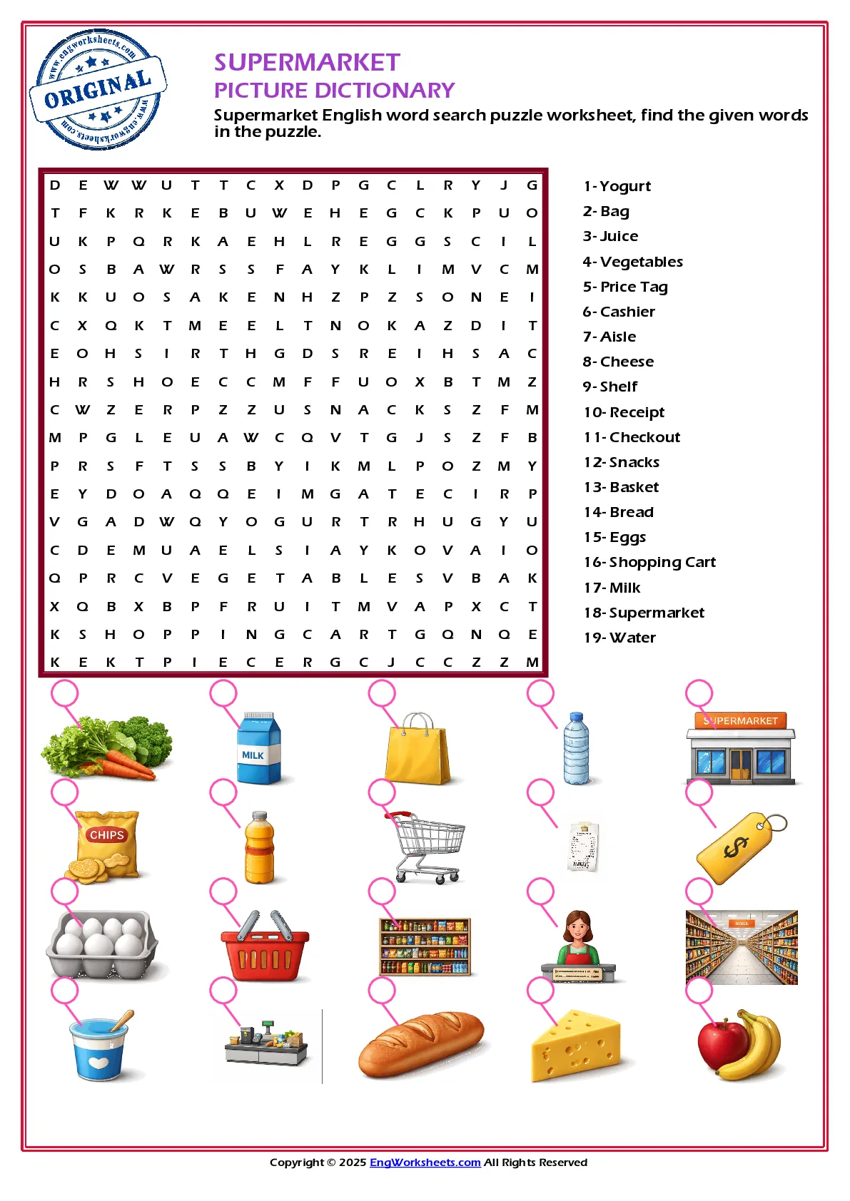 Supermarket English word search puzzle worksheet, find the given words in the puzzle. Worksheet Preview