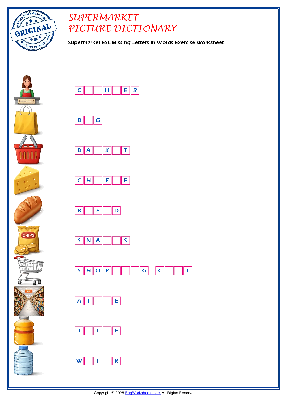 Supermarket ESL Missing Letters In Words Exercise Worksheet Worksheet Preview