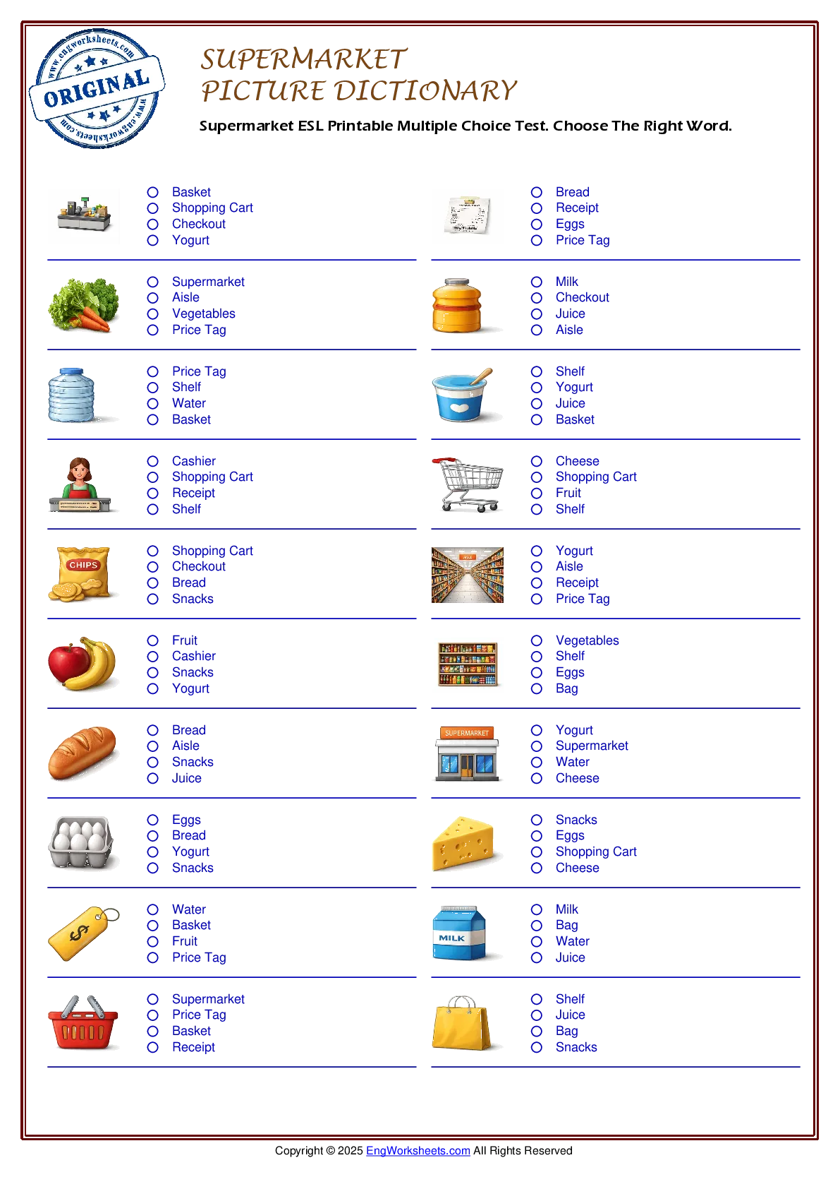 Supermarket ESL Printable Multiple Choice Test. Choose The Right Word. Worksheet Preview