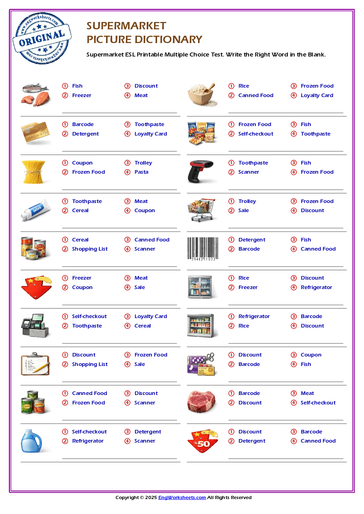 Supermarket ESL Printable Multiple Choice Test. Write the Right Word in the Blank. Worksheet Preview