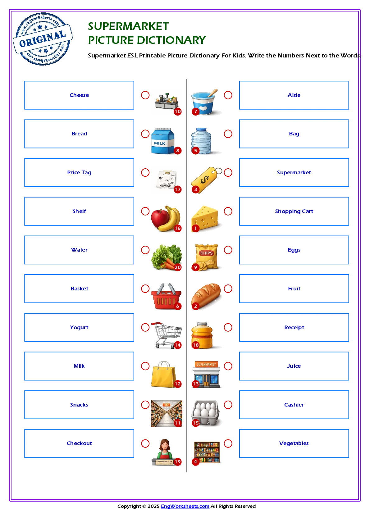 Supermarket ESL Printable Picture Dictionary For Kids. Write the Numbers Next to the Words. Worksheet Preview