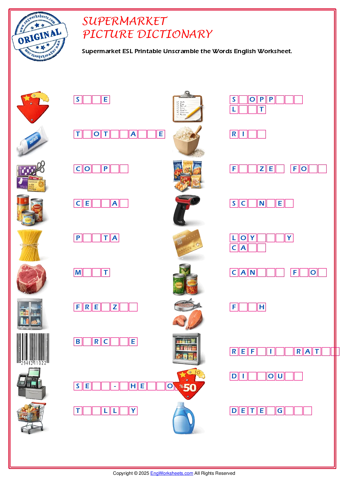 Supermarket ESL Printable Unscramble the Words English Worksheet. Worksheet Preview