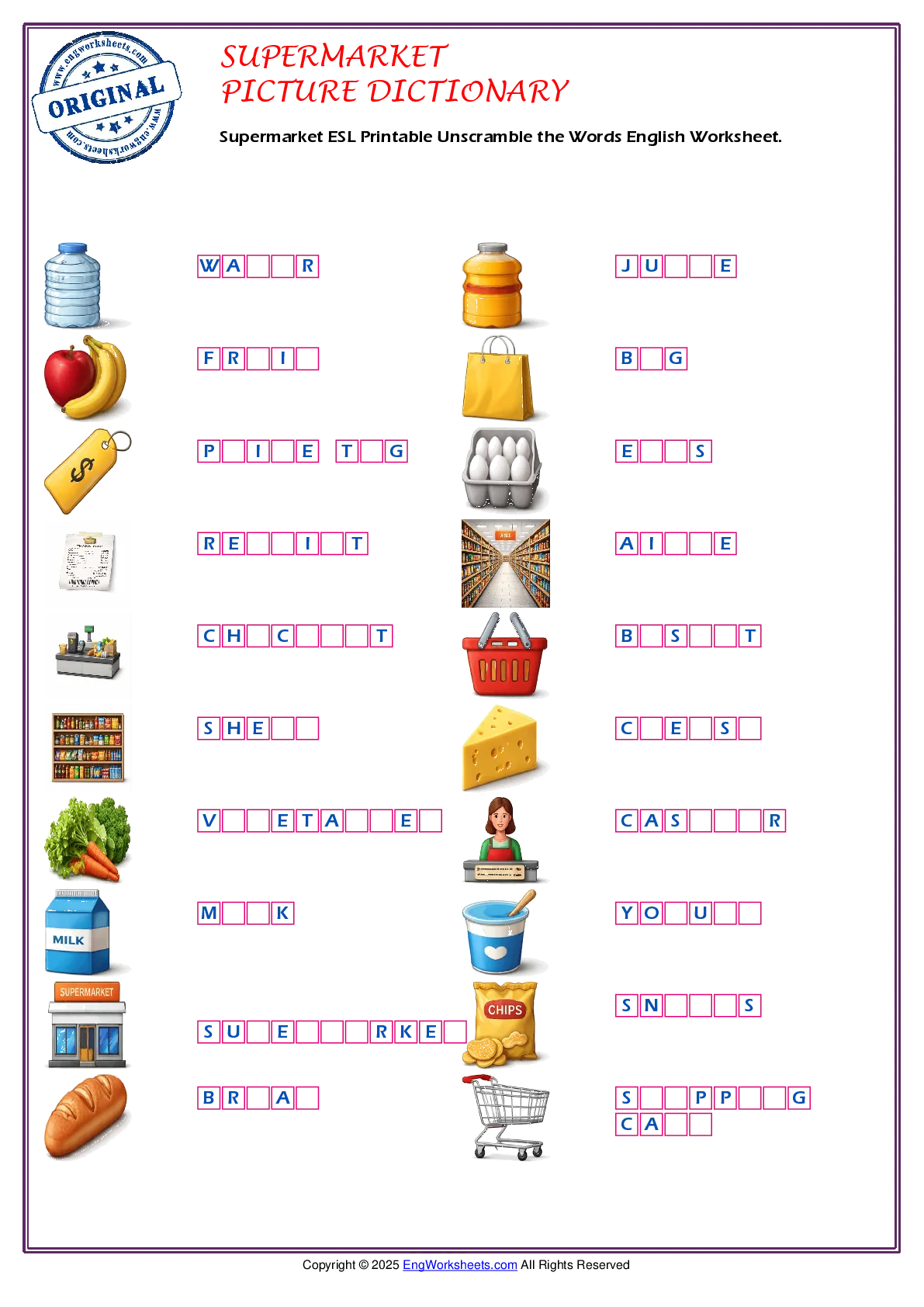 Supermarket ESL Printable Unscramble the Words English Worksheet. Worksheet Preview