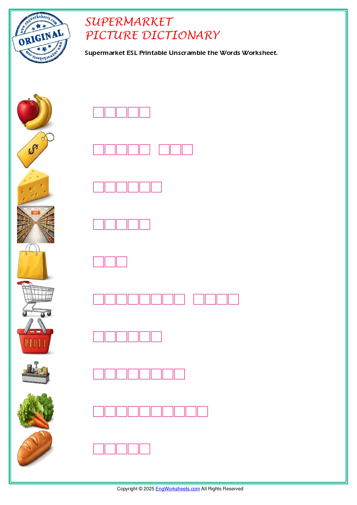 Supermarket ESL Printable Unscramble the Words Worksheet. Worksheet Preview