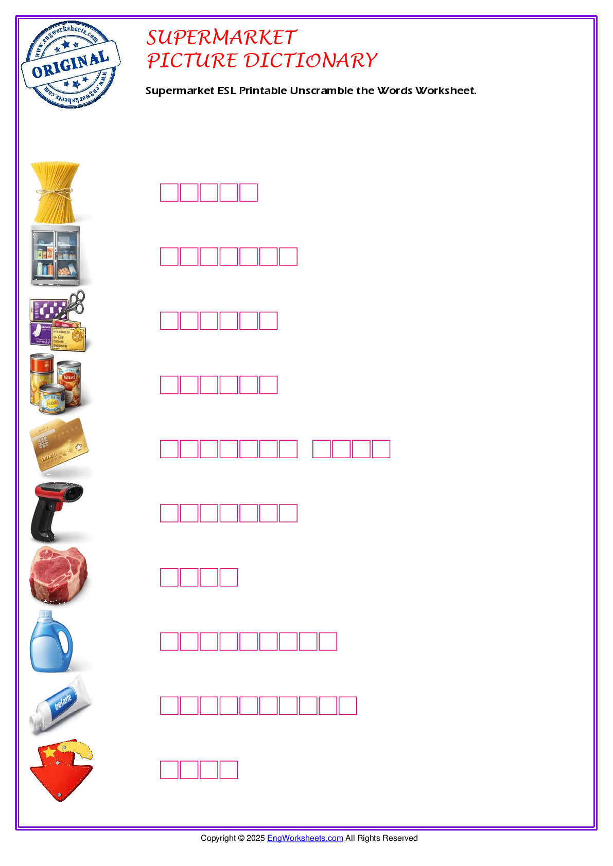 Supermarket ESL Printable Unscramble the Words Worksheet. Worksheet Preview