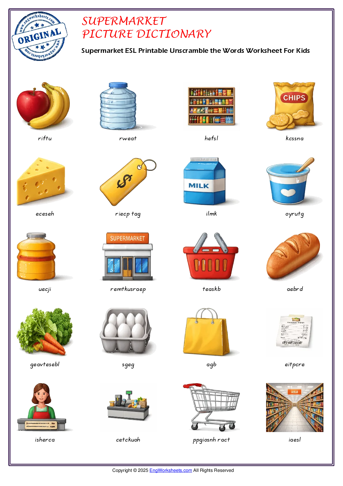 Supermarket ESL Printable Unscramble the Words Worksheet For Kids Worksheet Preview