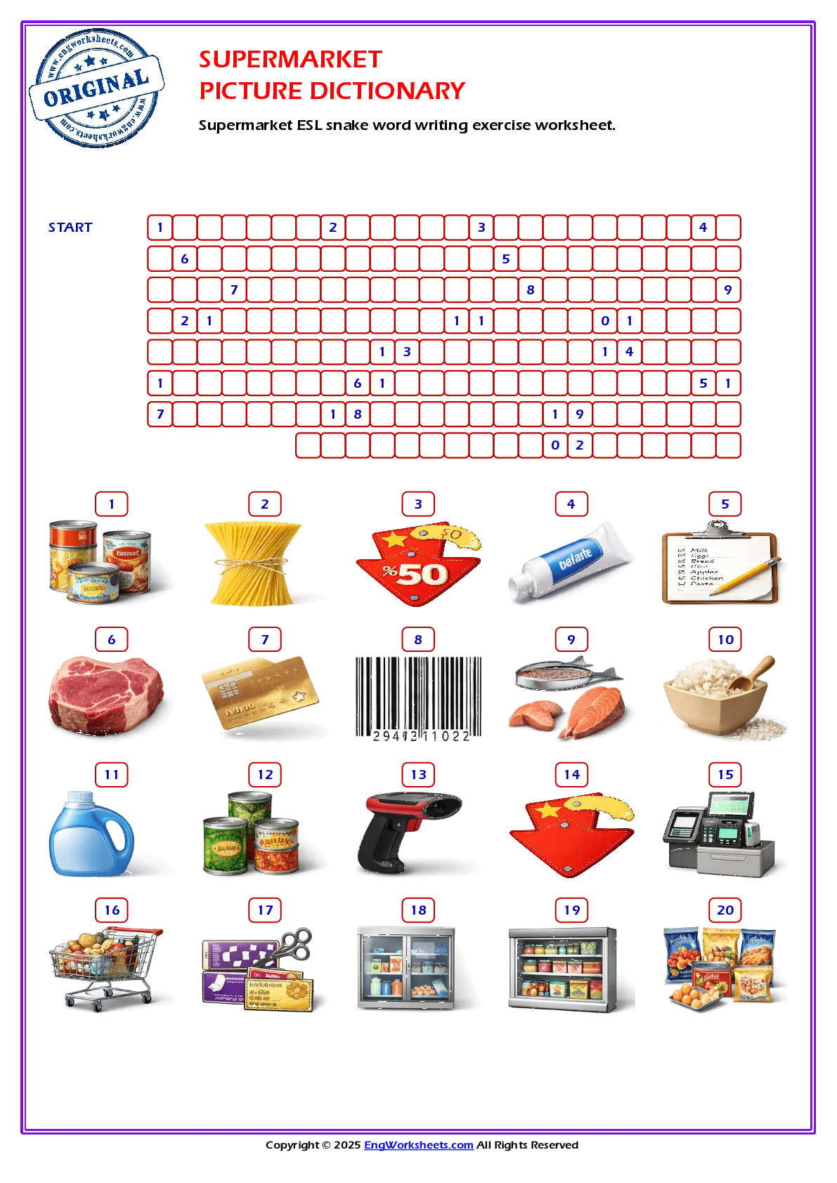 Supermarket ESL snake word writing exercise worksheet. Worksheet Preview