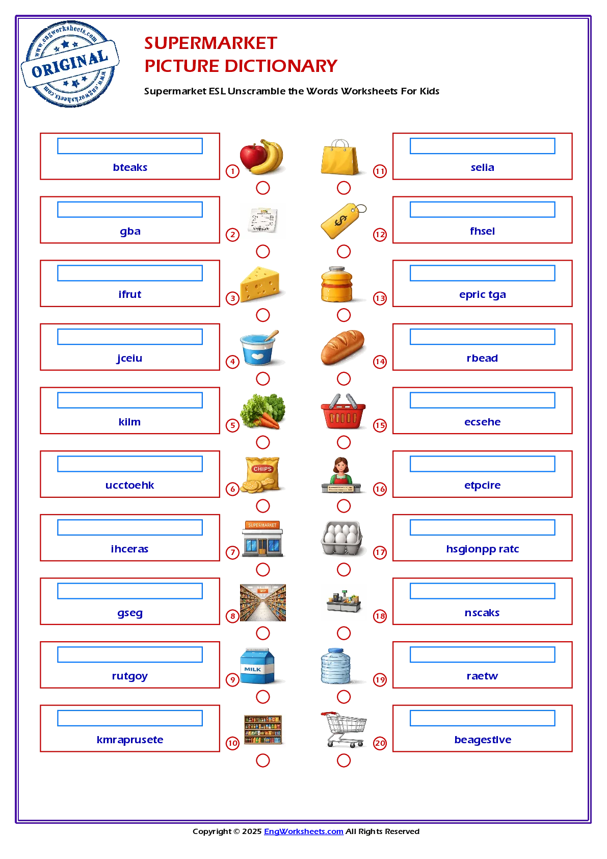 Supermarket ESL Unscramble the Words Worksheets For Kids Worksheet Preview