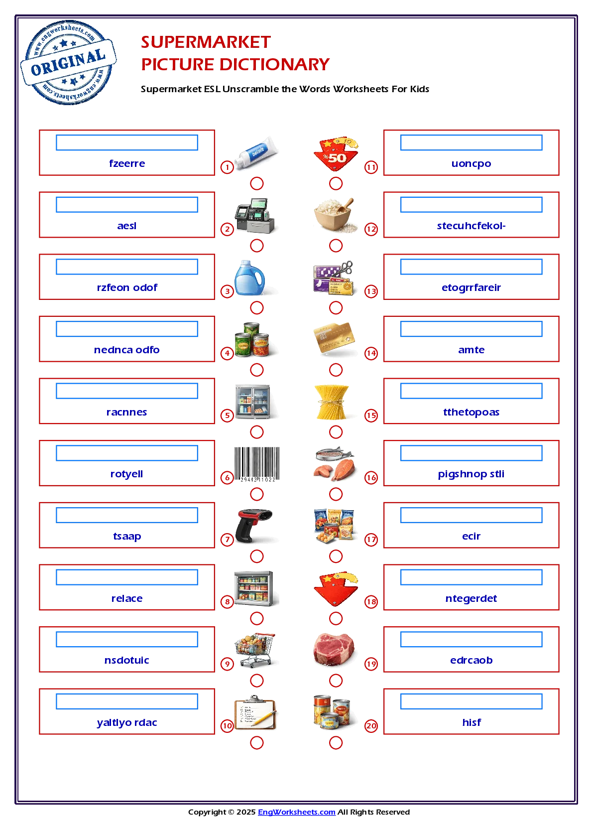 Supermarket ESL Unscramble the Words Worksheets For Kids Worksheet Preview