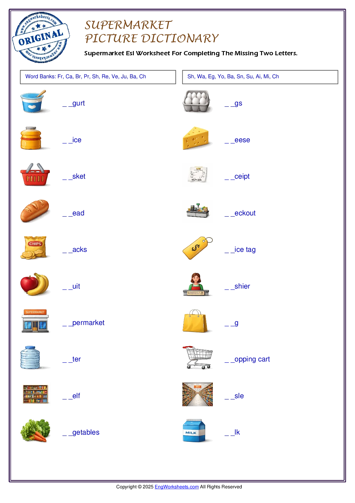 Supermarket Esl Worksheet For Completing The Missing Two Letters. Worksheet Preview