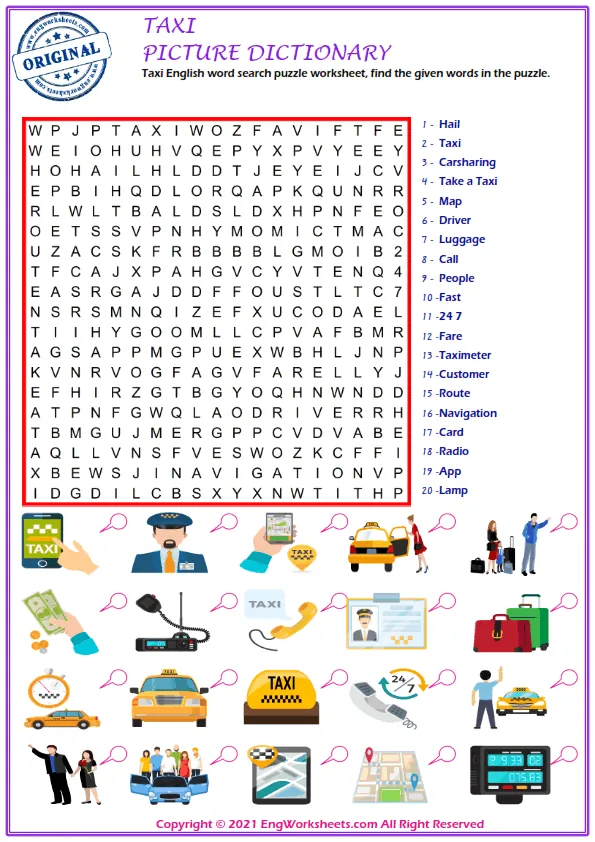 Taxi English word search puzzle worksheet, find the given words in the puzzle. Worksheet Preview