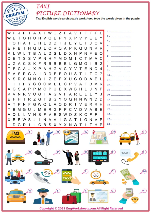 Taxi English word search puzzle worksheet, type the words given in the puzzle. Worksheet Preview