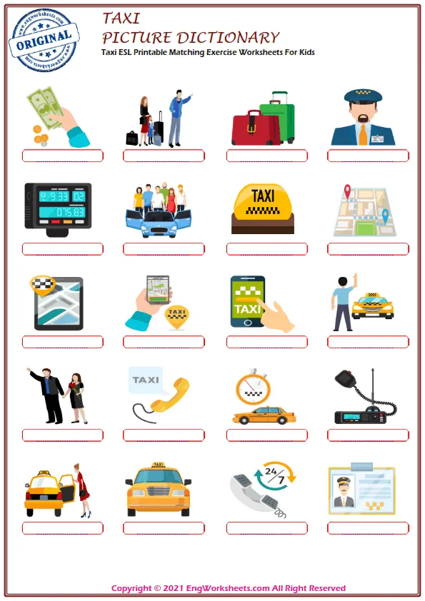 Taxi ESL Printable Matching Exercise Worksheets For Kids Worksheet Preview