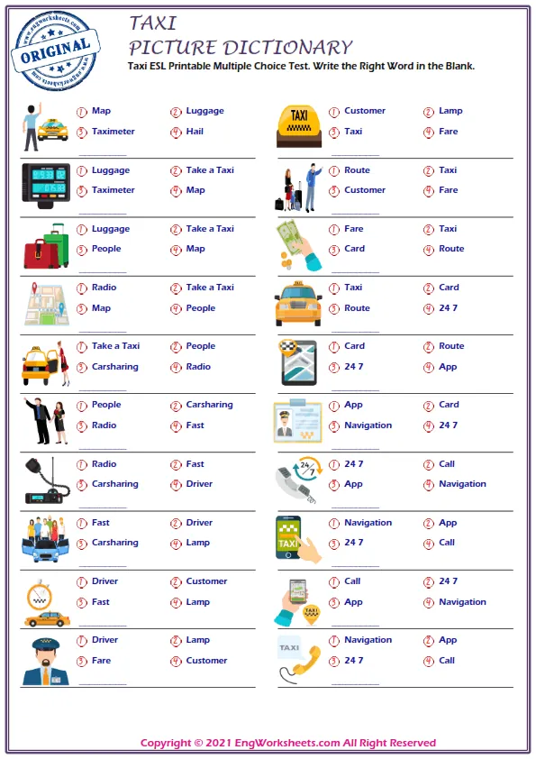 Taxi ESL Printable Multiple Choice Test. Write the Right Word in the Blank. Worksheet Preview