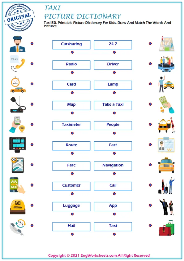 Taxi ESL Printable Picture Dictionary For Kids. Draw And Match The Words And Pictures. Worksheet Preview