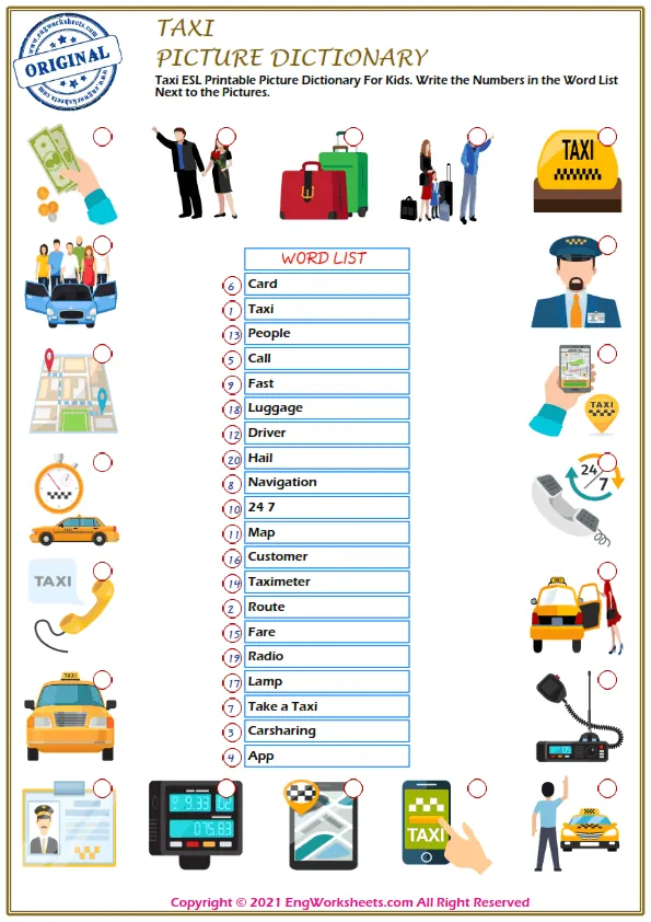 Taxi ESL Printable Picture Dictionary For Kids. Write the Numbers in the Word List Next to the Pictures. Worksheet Preview