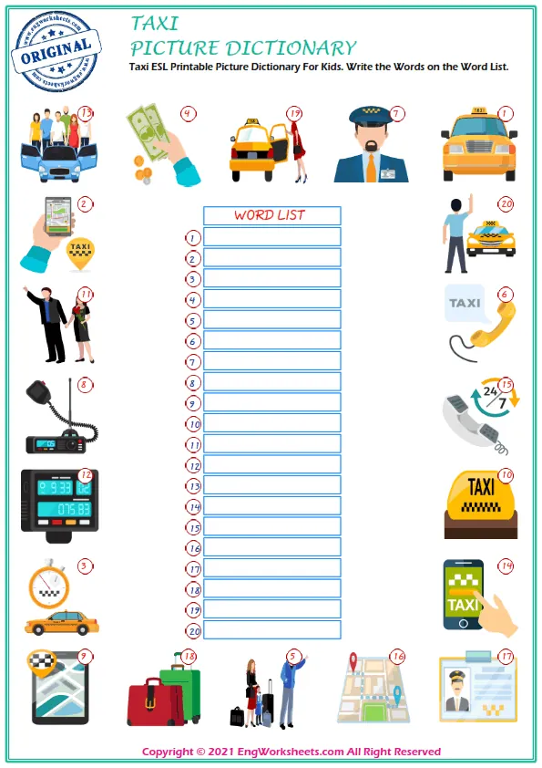 Taxi ESL Printable Picture Dictionary For Kids. Write the Words on the Word List. Worksheet Preview