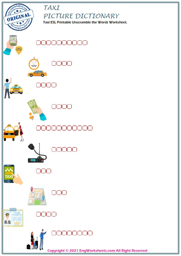 Taxi ESL Printable Unscramble the Words Worksheet. Worksheet Preview