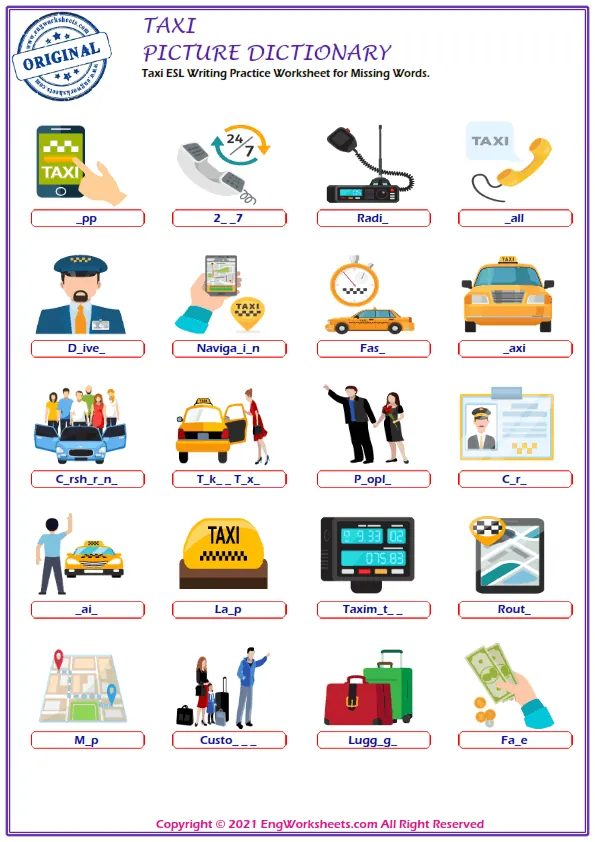 Taxi ESL Writing Practice Worksheet for Missing Words. Worksheet Preview