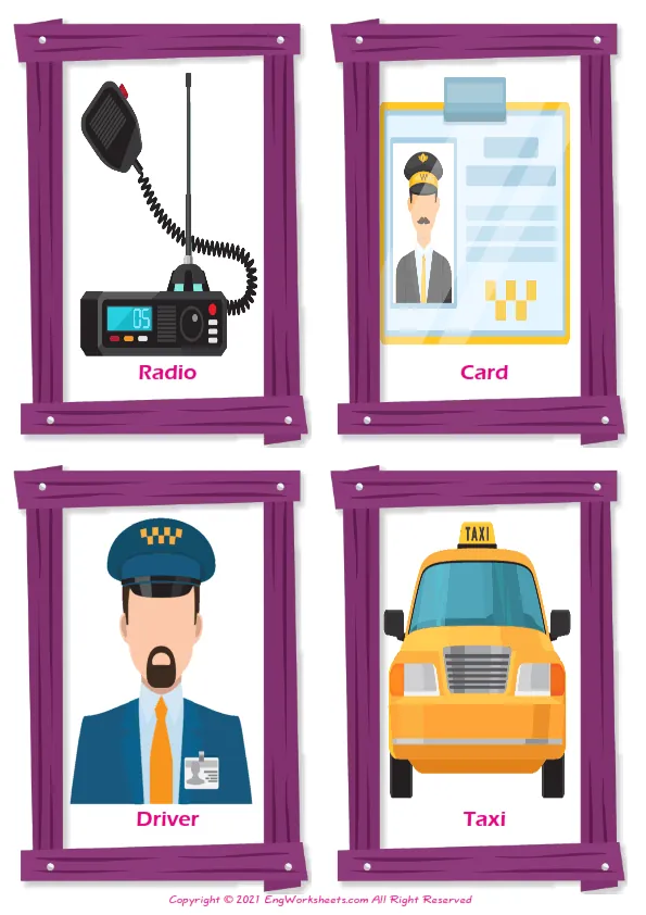 Taxi vocabulary worksheet with words, four images per page Worksheet Preview