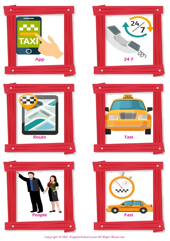 Taxi vocabulary worksheet with words, six images per page Worksheet Preview