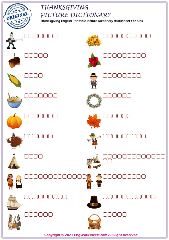 Thanksgiving English Printable Picture Dictionary Worksheet For Kids Worksheet Preview