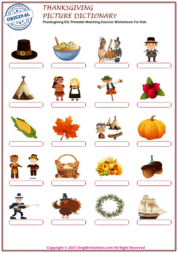 Thanksgiving ESL Printable Matching Exercise Worksheets For Kids Worksheet Preview