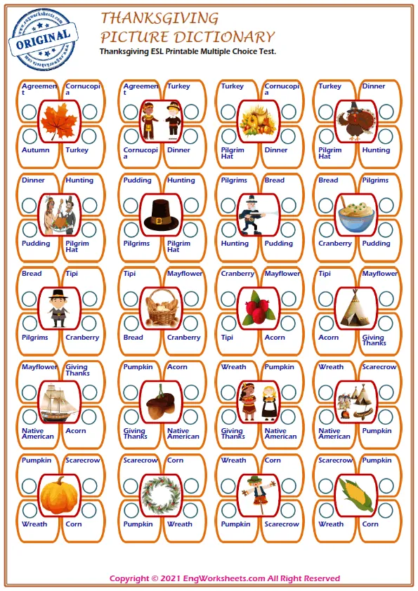Thanksgiving ESL Printable Multiple Choice Test. Worksheet Preview