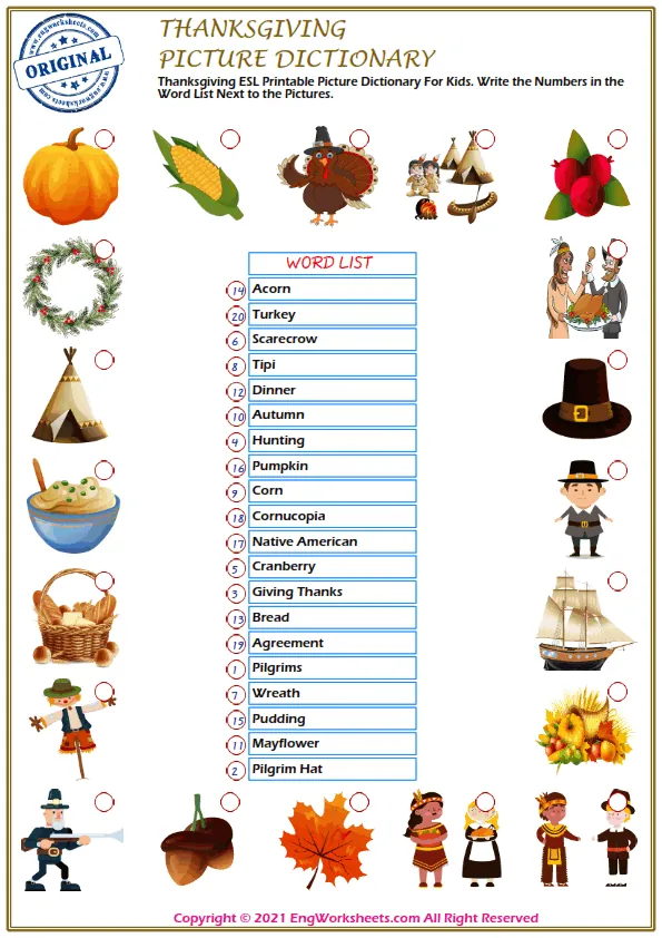 Thanksgiving ESL Printable Picture Dictionary For Kids. Write the Numbers in the Word List Next to the Pictures. Worksheet Preview