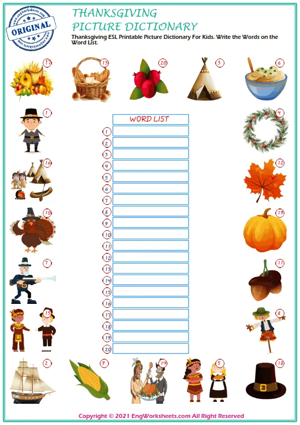 Thanksgiving ESL Printable Picture Dictionary For Kids. Write the Words on the Word List. Worksheet Preview