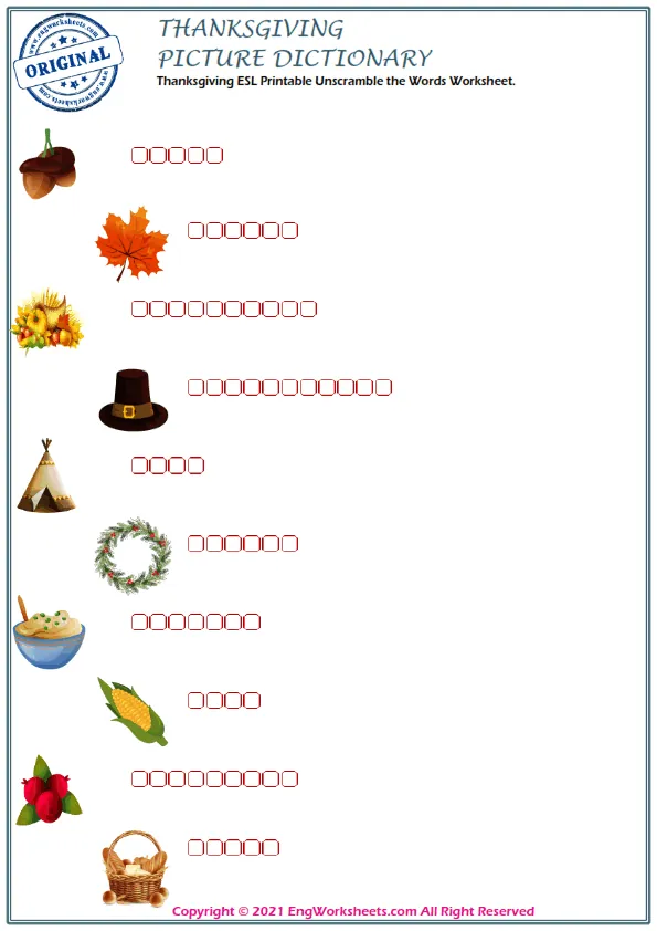 Thanksgiving ESL Printable Unscramble the Words Worksheet. Worksheet Preview