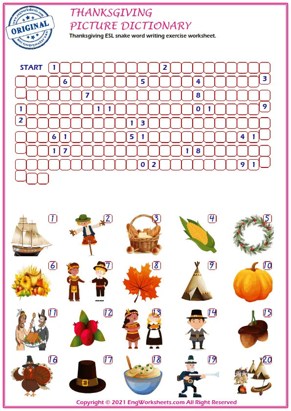 Thanksgiving ESL snake word writing exercise worksheet. Worksheet Preview