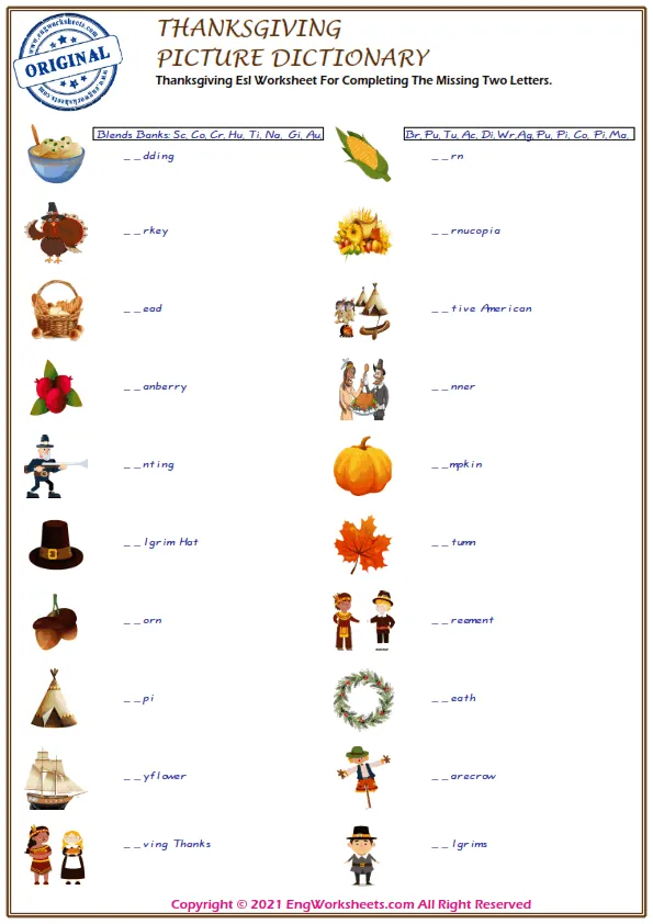 Thanksgiving Esl Worksheet For Completing The Missing Two Letters. Worksheet Preview