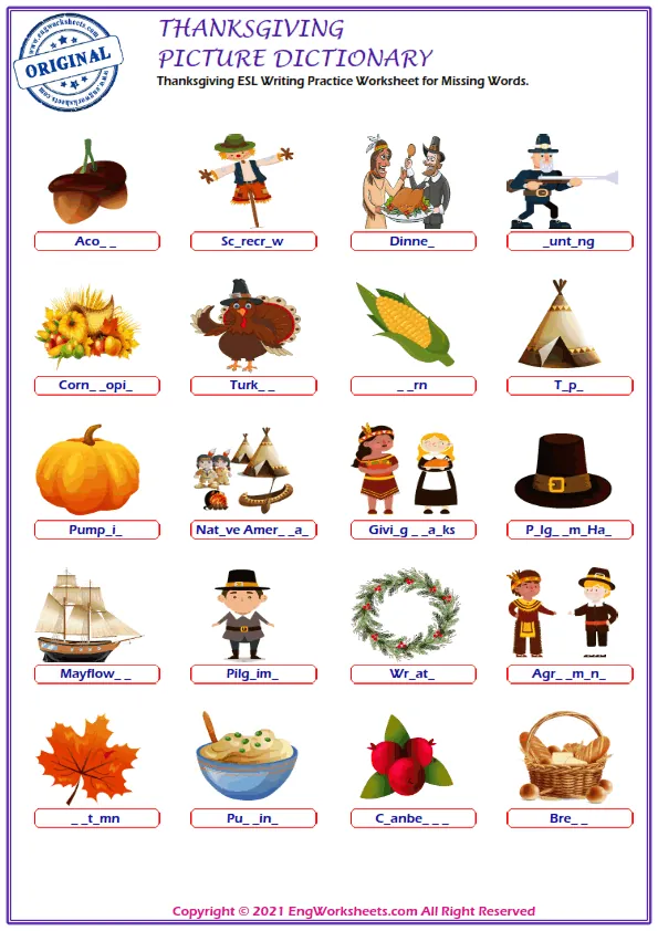 Thanksgiving ESL Writing Practice Worksheet for Missing Words. Worksheet Preview