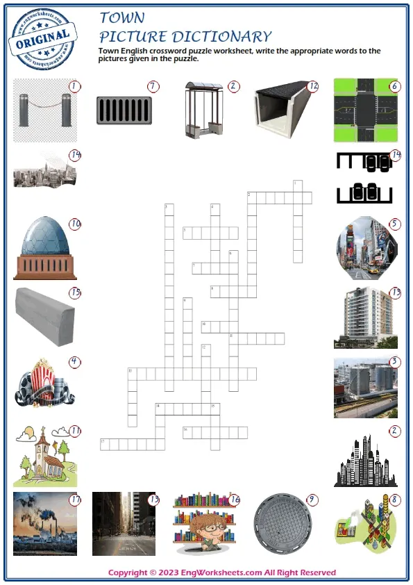 Town English crossword puzzle worksheet, write the appropriate words to the pictures given in the puzzle. Worksheet Preview