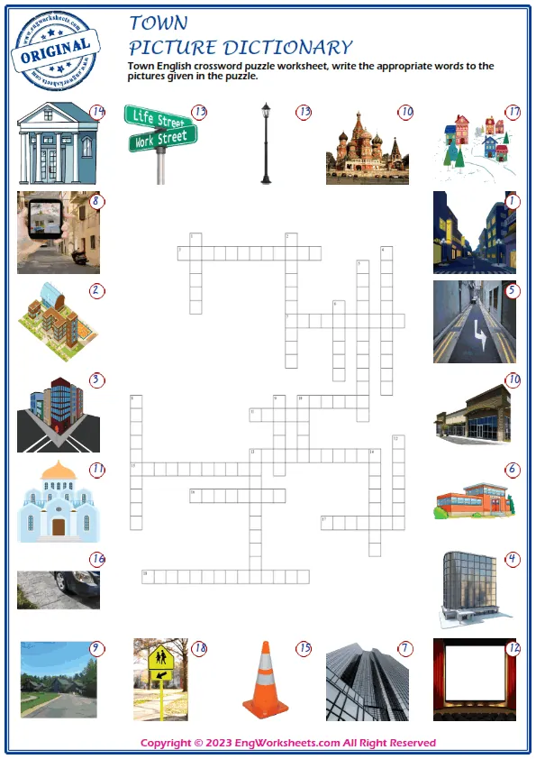Town English crossword puzzle worksheet, write the appropriate words to the pictures given in the puzzle. Worksheet Preview