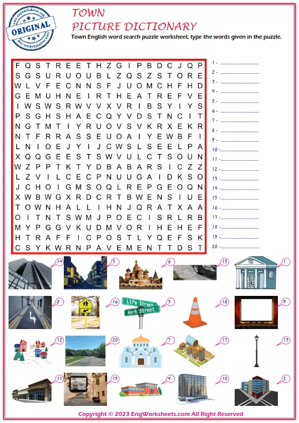 Town English word search puzzle worksheet, type the words given in the puzzle. Worksheet Preview