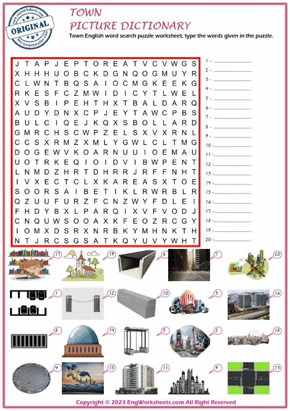 Town English word search puzzle worksheet, type the words given in the puzzle. Worksheet Preview