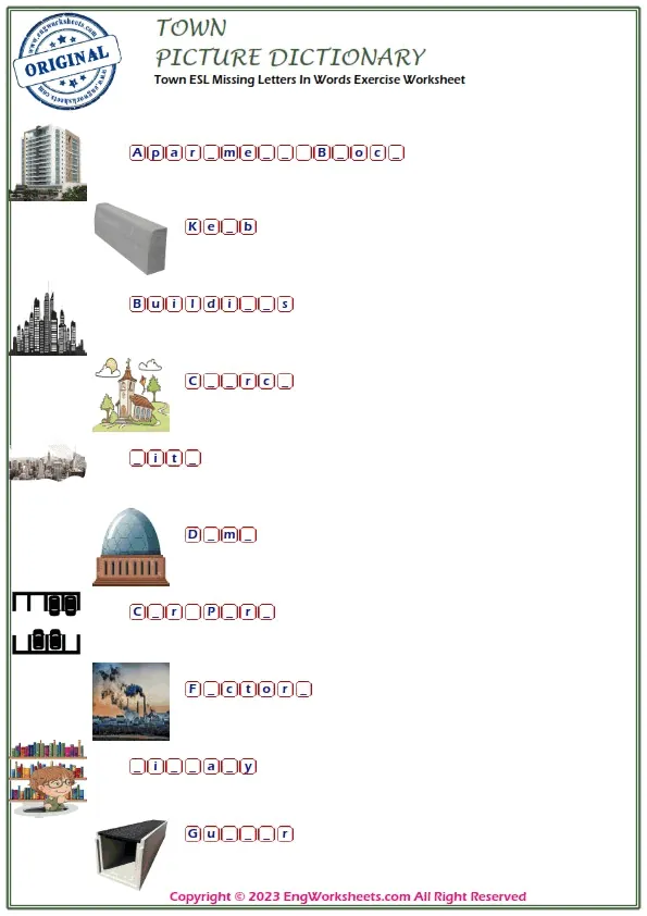 Town ESL Missing Letters In Words Exercise Worksheet Worksheet Preview