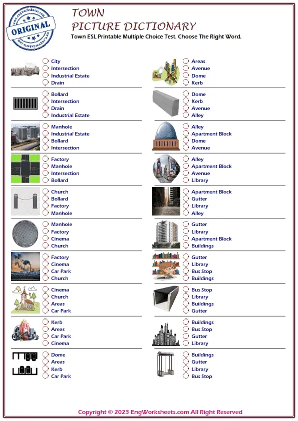Town ESL Printable Multiple Choice Test. Choose The Right Word. Worksheet Preview