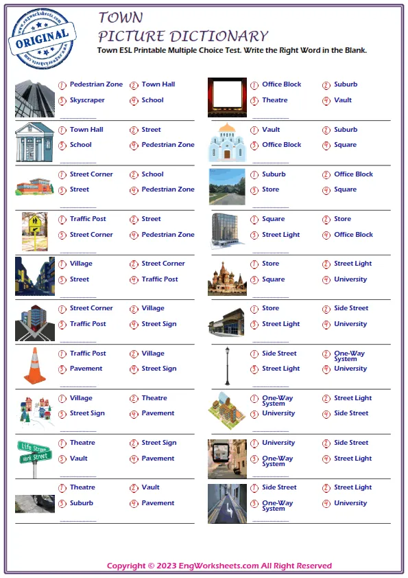 Town ESL Printable Multiple Choice Test. Write the Right Word in the Blank. Worksheet Preview