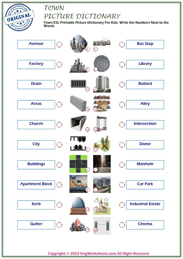 Town ESL Printable Picture Dictionary For Kids. Write the Numbers Next to the Words. Worksheet Preview