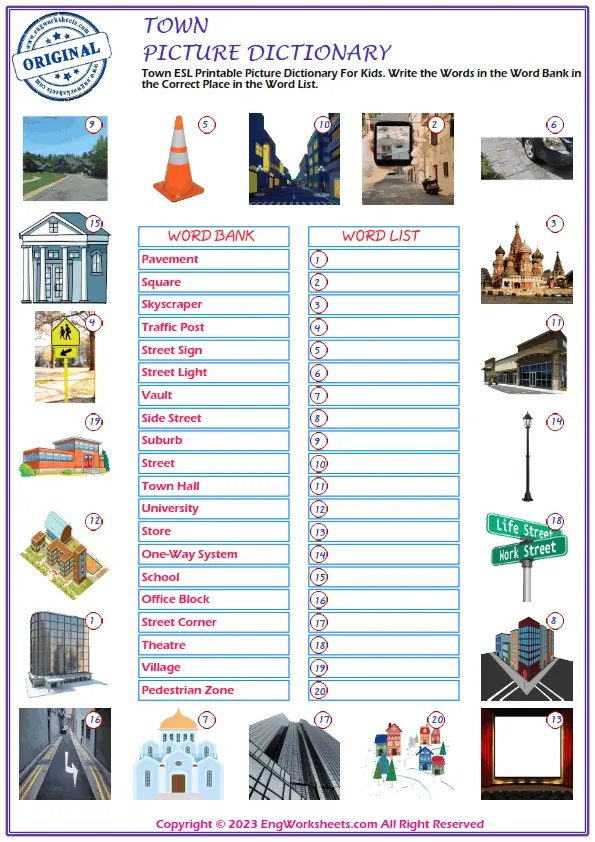Town ESL Printable Picture Dictionary For Kids. Write the Words in the Word Bank in the Correct Place in the Word List. Worksheet Preview