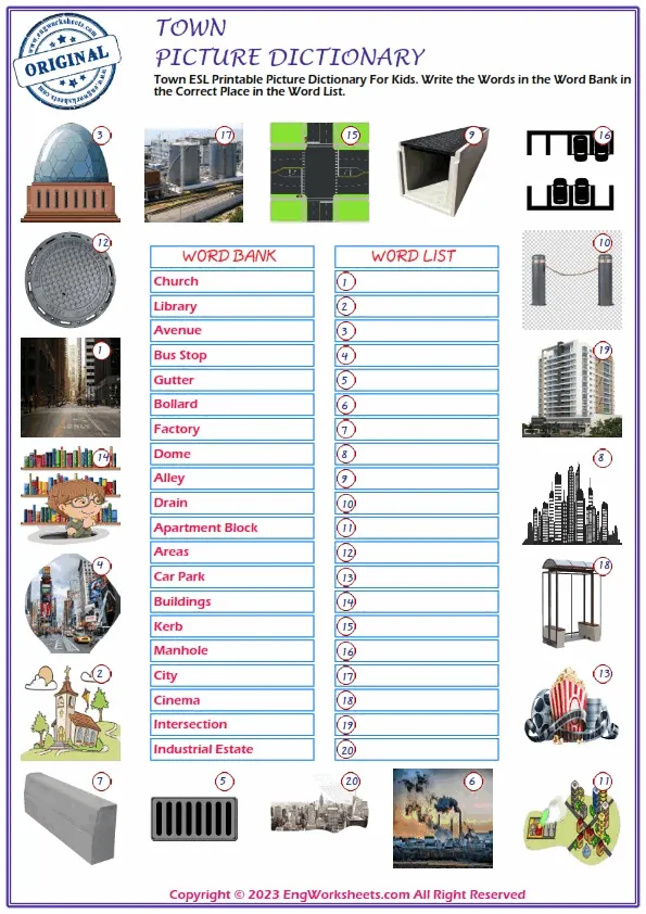 Town ESL Printable Picture Dictionary For Kids. Write the Words in the Word Bank in the Correct Place in the Word List. Worksheet Preview