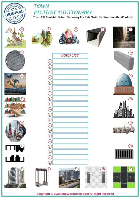 Town ESL Printable Picture Dictionary For Kids. Write the Words on the Word List. Worksheet Preview