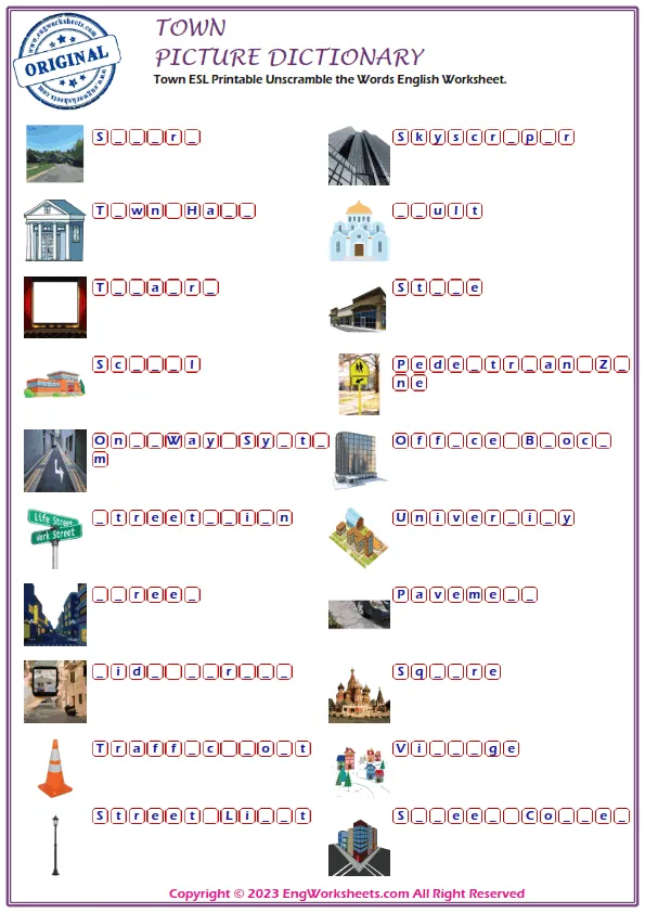 Town ESL Printable Unscramble the Words English Worksheet. Worksheet Preview