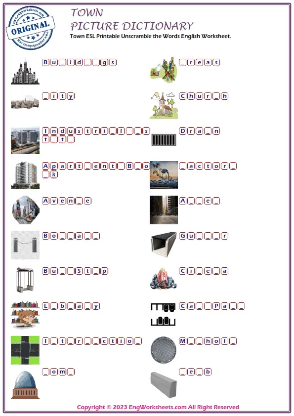 Town ESL Printable Unscramble the Words English Worksheet. Worksheet Preview