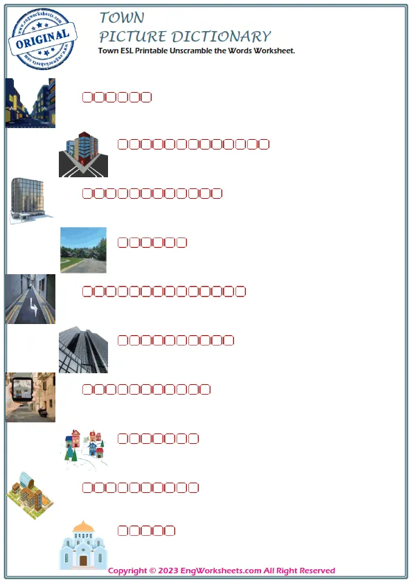 Town ESL Printable Unscramble the Words Worksheet. Worksheet Preview