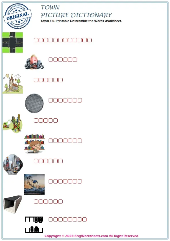 Town ESL Printable Unscramble the Words Worksheet. Worksheet Preview